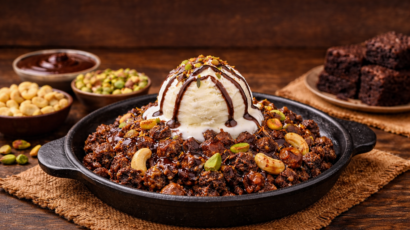 Brownie Kesari with Vanilla Ice Cream