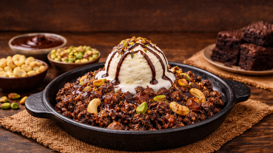 Brownie Kesari with Vanilla Ice Cream