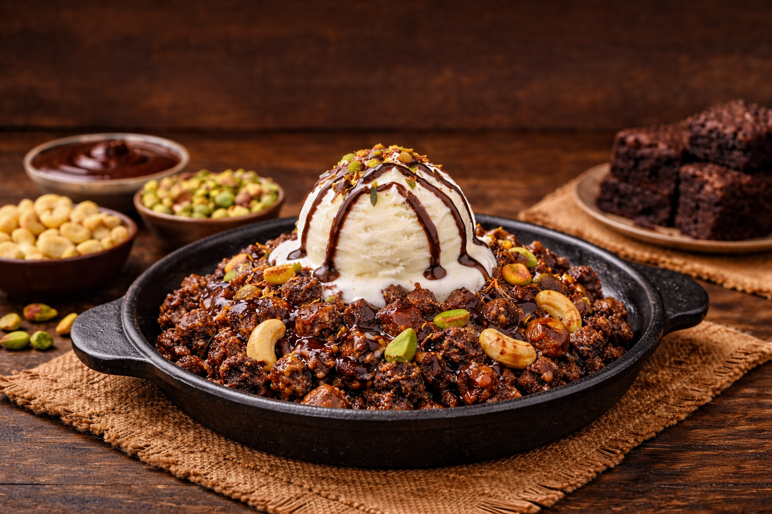 Brownie Kesari with Vanilla Ice Cream